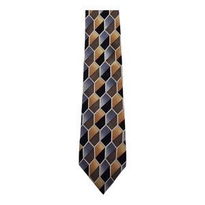 Henri Christian Geometric Pattern Brown Blue 100% Silk Necktie